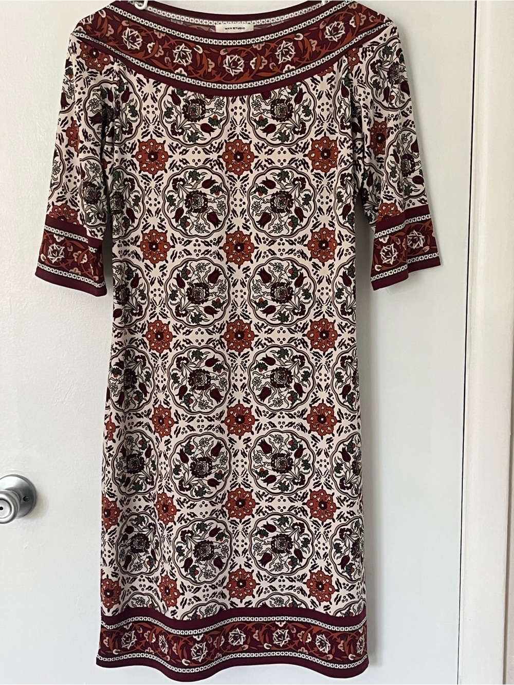 Max Studio Cream Midi Dress with Rust and Burgundy Tile Print